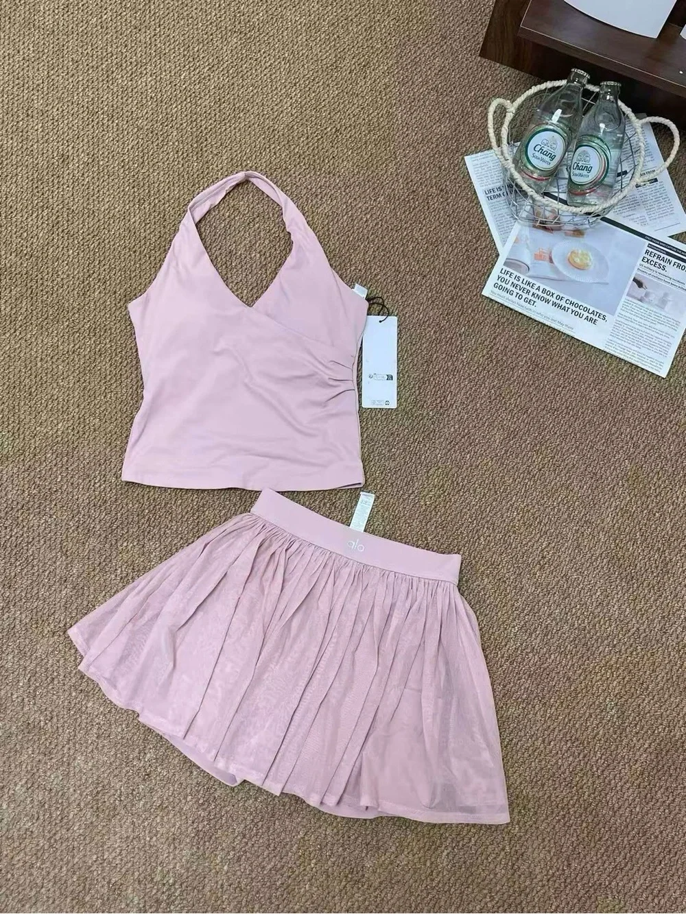 ALO Yoga Pink Top And Mini Skirt Set